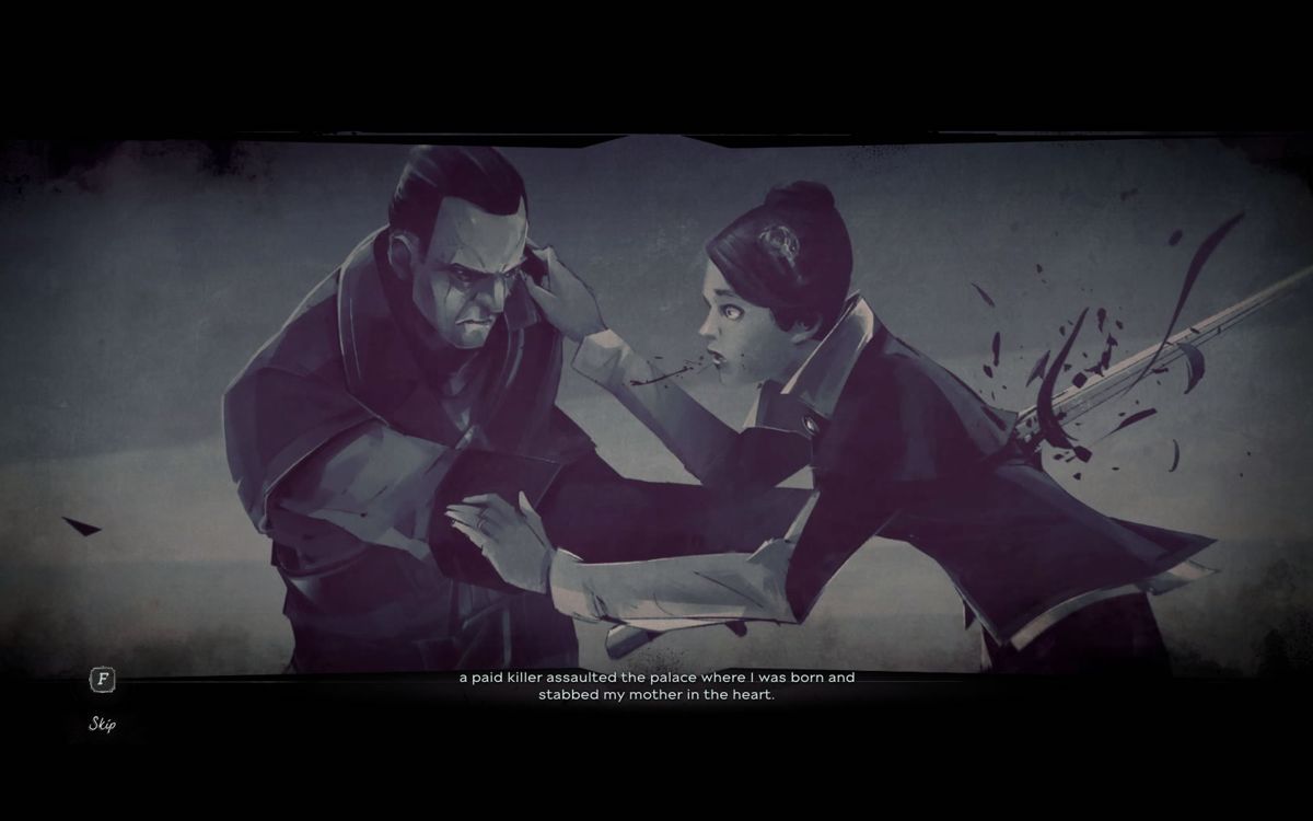 Dishonored 2 (Windows) screenshot: A brief recap of the events of the first game in the animated introduction sequence.