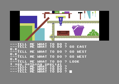 Scott Adams' Graphic Adventure #3: Secret Mission (Commodore 64) screenshot: Inside one of the maintenance rooms