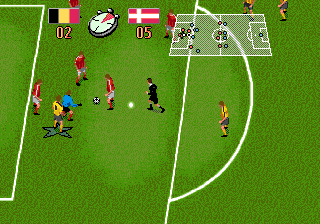 Champions World Class Soccer (Genesis) screenshot: The referee rushes towards a Danish player.
