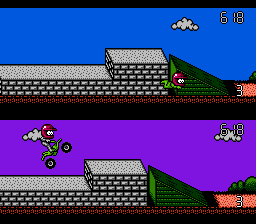 Stunt Kids (NES) screenshot: Player on top takes a dive.