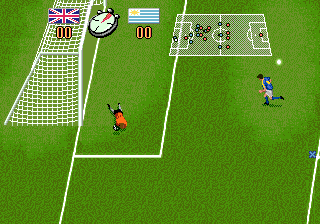 Champions World Class Soccer (Genesis) screenshot: The keeper dives.