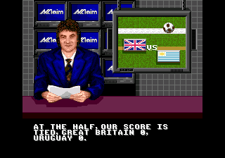 Champions World Class Soccer (Genesis) screenshot: Half time commentary