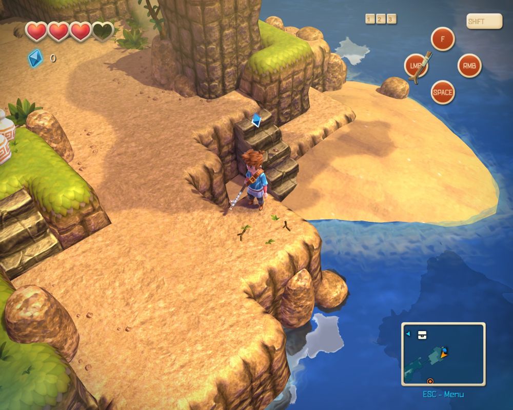 Oceanhorn: Monster of Uncharted Seas (Windows) screenshot: You get these blue jewel experience points for killing enemies
