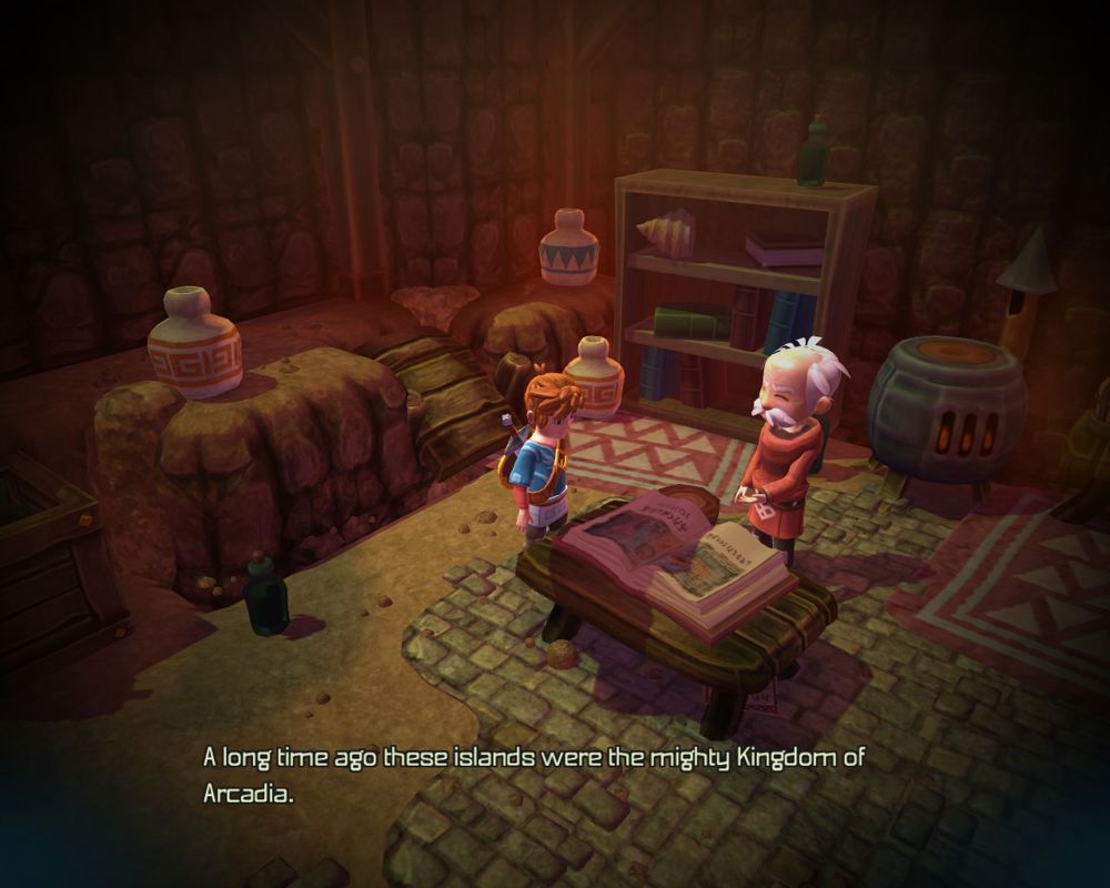 Oceanhorn: Monster of Uncharted Seas (Windows) screenshot: A cut scene where the Hermit gives you a history lesson