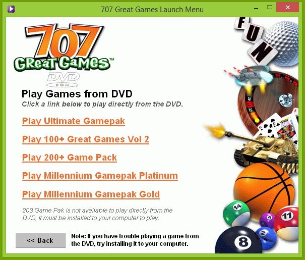 707 Great Games (Windows) screenshot: Selection dialog for running the games from the DVD.