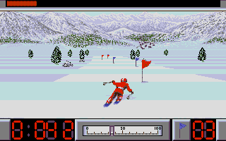 Super Ski II (DOS) screenshot: Turning right during Slalom