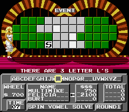 Wheel of Fortune: Family Edition (NES) screenshot: Guessing letters.