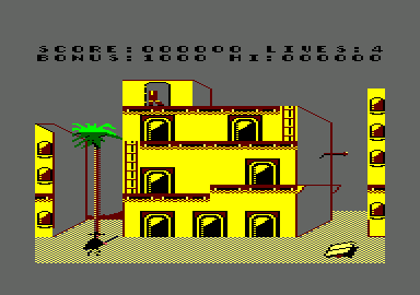Zorro (Amstrad CPC) screenshot: Somehow I must get up to the top of this building.