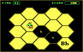 Bouncy Bee Learns Letters (DOS) screenshot: Fill in the honeycomb with honey by walking over letters matching the letter displayed in the bottom right