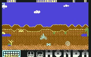 Parigi Dakar (Commodore 64) screenshot: Landing after the jump (2D)...
