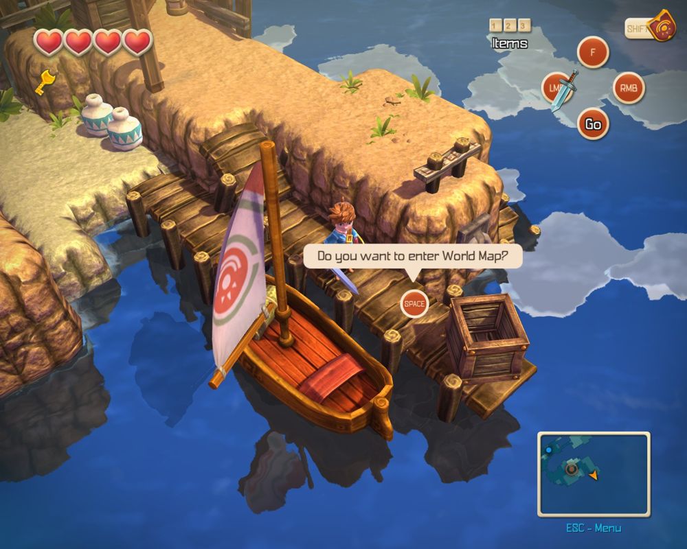 Oceanhorn: Monster of Uncharted Seas (Windows) screenshot: Do I want to enter the world map (board my boat)?