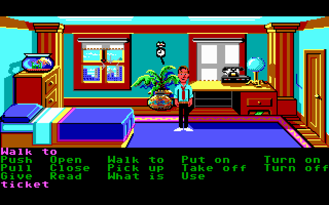 Zak McKracken and the Alien Mindbenders (DOS) screenshot: Zak's bedroom -- lots of action, but not the kind he'd like! (Hi-res)