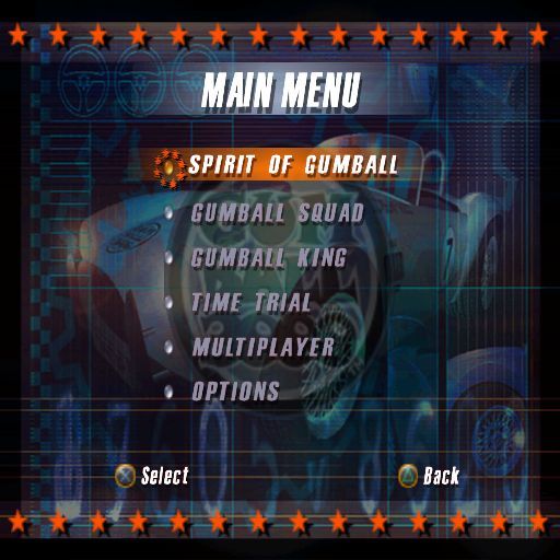 Gumball 3000 (PlayStation 2) screenshot: The main menu