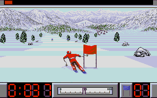 Super Ski II (DOS) screenshot: On the Super Giant's route