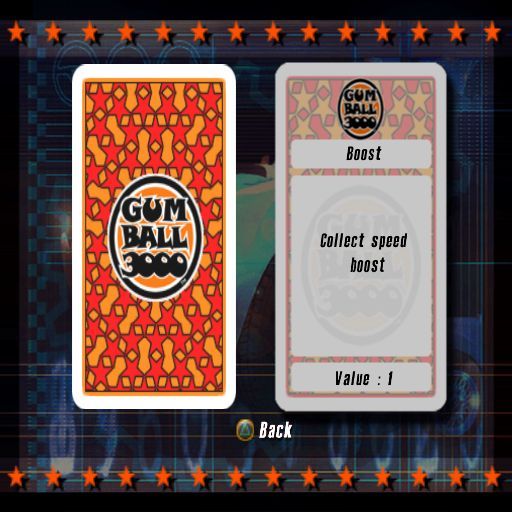 Gumball 3000 (PlayStation 2) screenshot: In the Spirit Of Gumball - Gumball Gallery the player can view the tasks for each stage and their points value. This is from the UK's Airport Dash