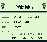 George Foreman's KO Boxing (Game Boy) screenshot: You are George Foreman. These are your stats.