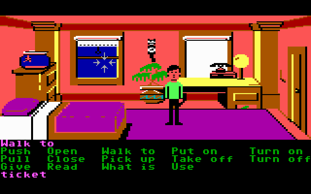 Zak McKracken and the Alien Mindbenders (DOS) screenshot: Zak's bedroom -- lots of action, but not the kind he'd like! (Lo-res)