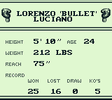 George Foreman's KO Boxing (Game Boy) screenshot: Lorenzo 'Bullet' Luciano's stats