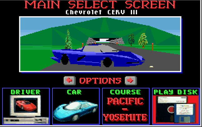 Test Drive III: The Passion (DOS) screenshot: Main Screen