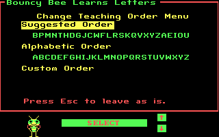 Bouncy Bee Learns Letters (DOS) screenshot: You can customize the order in which letters are displayed