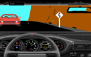 Test Drive (DOS) screenshot: Swerving to avoid oncoming traffic.