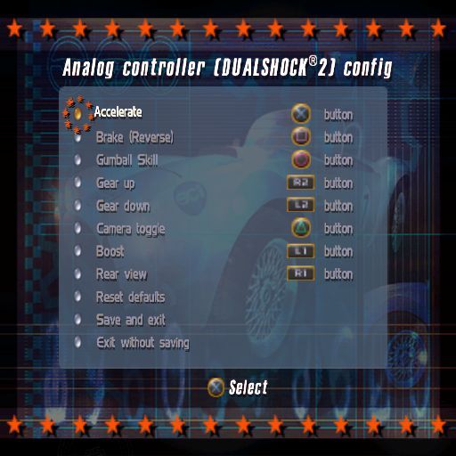 Gumball 3000 (PlayStation 2) screenshot: The game controls for player one. These can be reconfigured