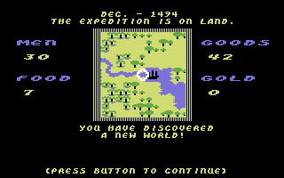 The Seven Cities of Gold (Commodore 64) screenshot: Discovering the new world!