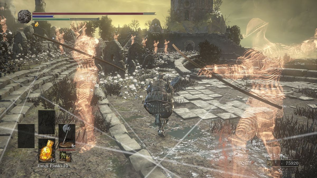 Dark Souls III: The Ringed City (Windows) screenshot: Of course, I didn't count on getting shot down by a horde of maniacal ghost archers...