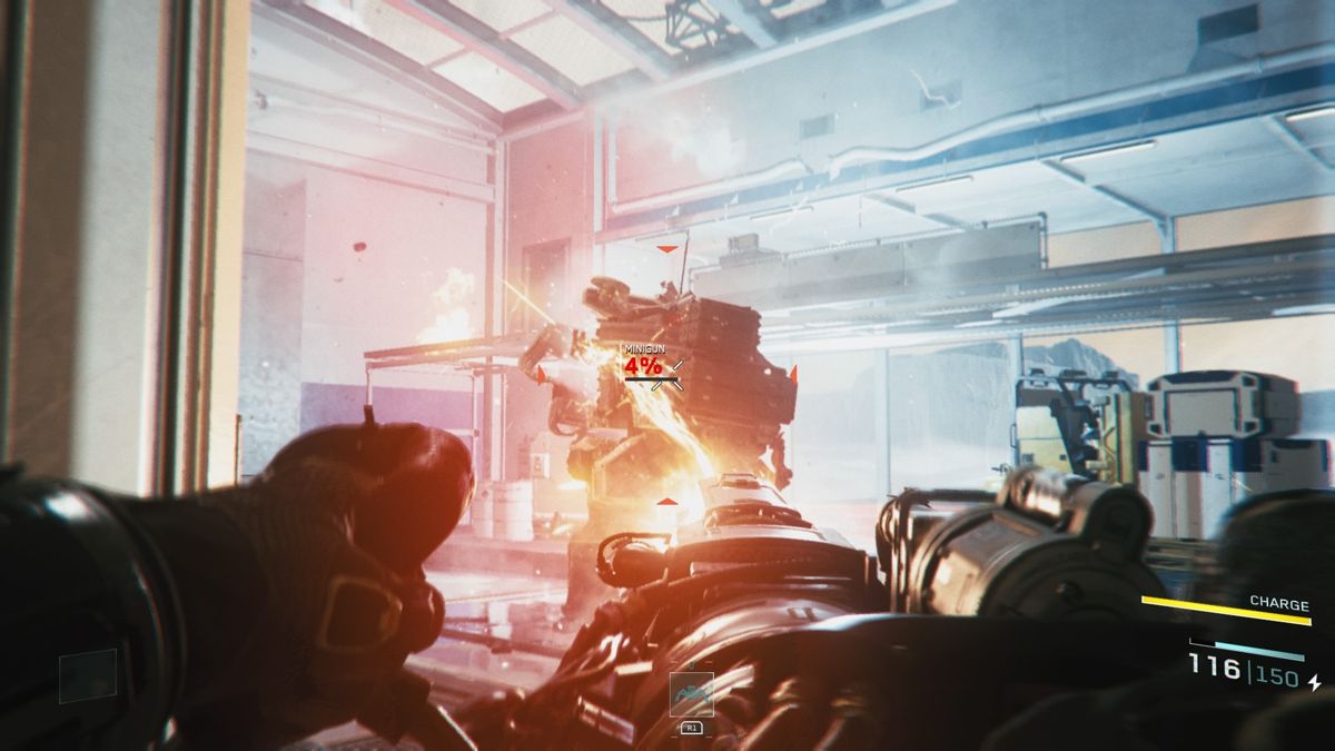 Call of Duty: Infinite Warfare (PlayStation 4) screenshot: Testing a new weapon against walker impervious to bullets