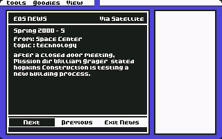 Earth Orbit Stations (Commodore 64) screenshot: The news are useful for estimating future demands or operation costs.