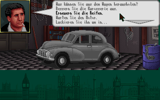 The Clue! (DOS) screenshot: A lot of rigging can be done with the cars in the game