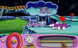 Putt-Putt Goes to the Moon (DOS) screenshot: A new pal, Rover, abandoned on the moon by a heartless crew of astronauts.