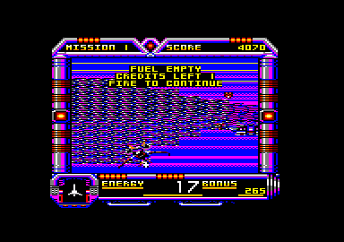 Galaxy Force II (Amstrad CPC) screenshot: I ran out of fuel. Continue?