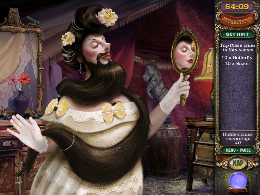 Mystery Case Files: Madame Fate (iPad) screenshot: The Bearded Lady multi object find