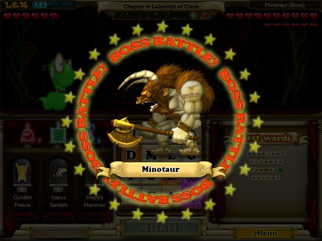 Bookworm Adventures (Windows) screenshot: Start of a boss battle with the Minotaur