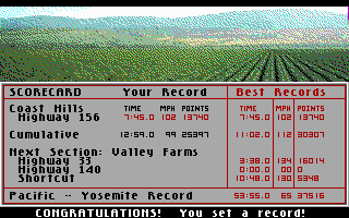 Test Drive III: The Passion (DOS) screenshot: Race section results (EGA)