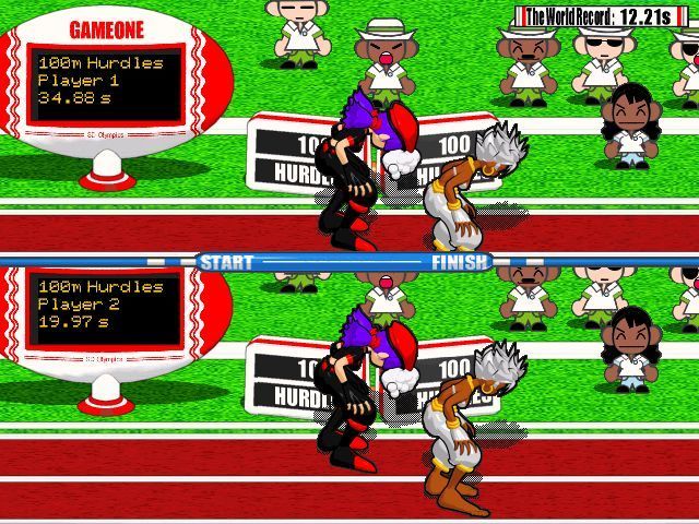 SD Qlympics (Windows) screenshot: At the end of the race the runners gasp for breath. When the winner is announced she does a little dance