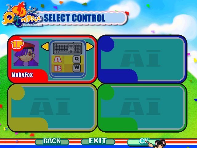 SD Qlympics (Windows) screenshot: Up to four human players are catered for. Each has their own pair of buttons to bash. There are options to select which pair of buttons is used