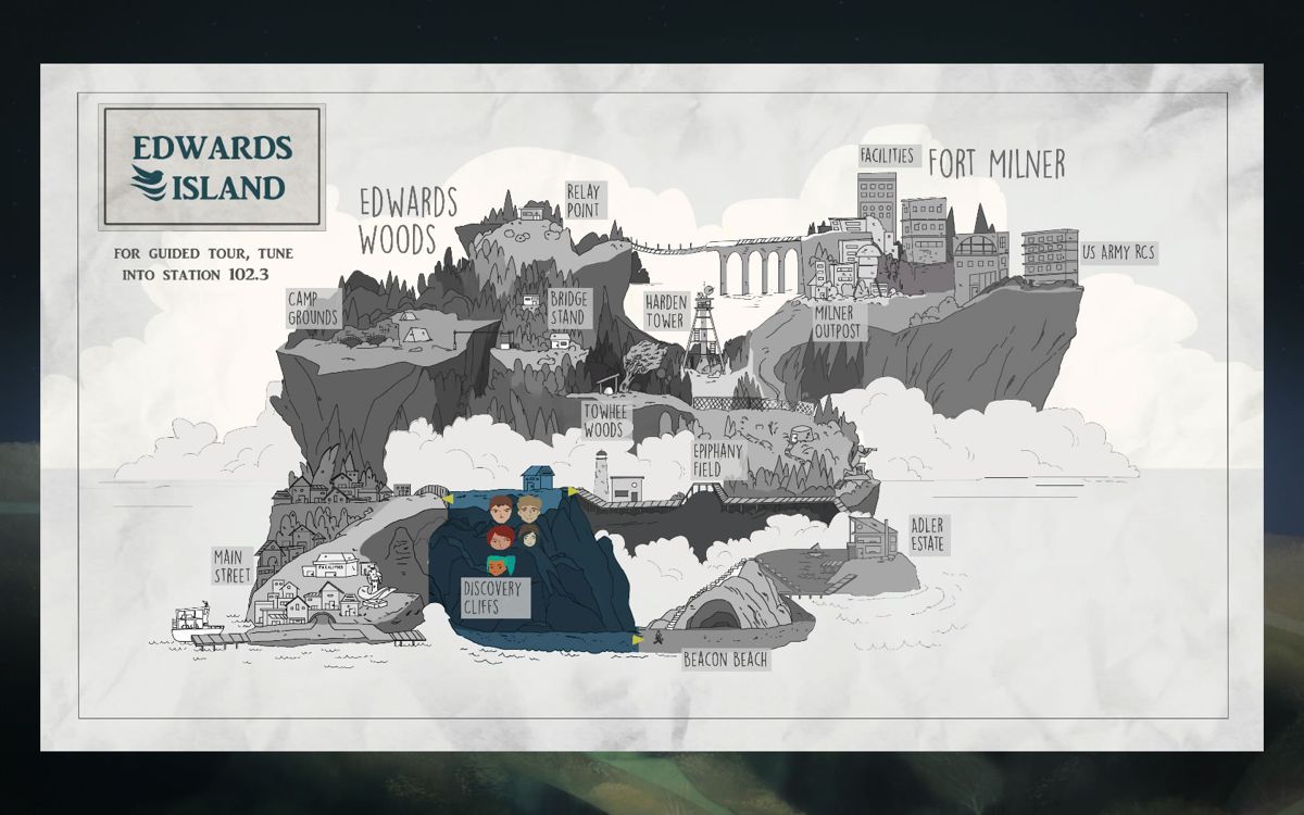 Oxenfree (Windows) screenshot: The island map with the positions of the characters