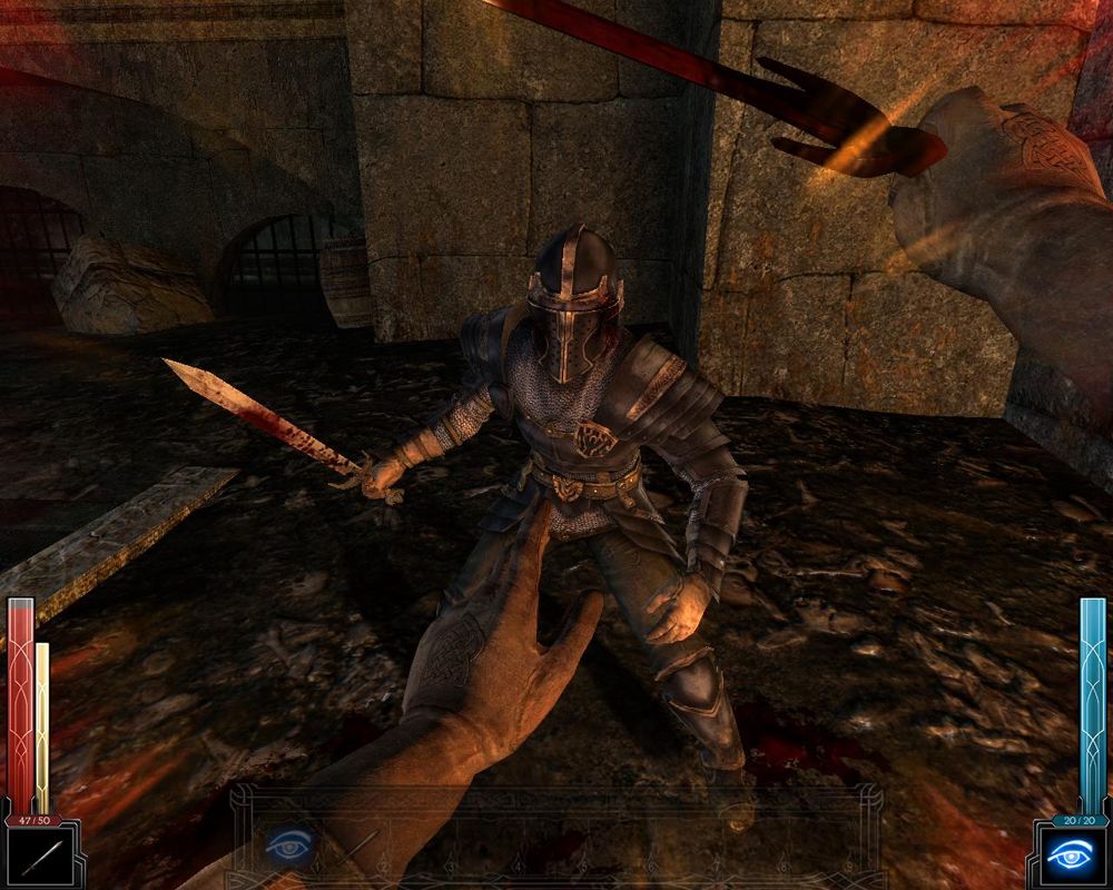 Dark Messiah: Might and Magic (Windows) screenshot: When your adrenaline (yellow bar) is full, deliver a Power Attack to make a Fatality.