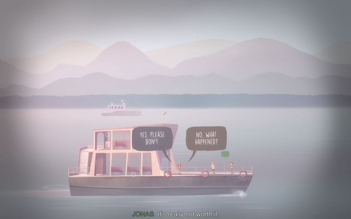 Oxenfree (Windows) screenshot: Alex, Jonas and Ren go to the island by boat.