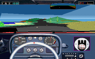 Test Drive III: The Passion (DOS) screenshot: Driving through fog banks along the coast
