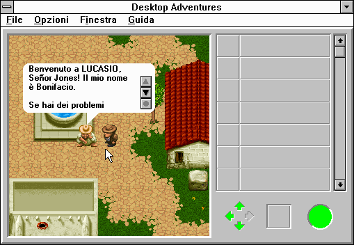 Indiana Jones and his Desktop Adventures (Windows 3.x) screenshot: A sad man at the fountain recounts to me the tales of his town's woes. First off, their town has an abominable name!