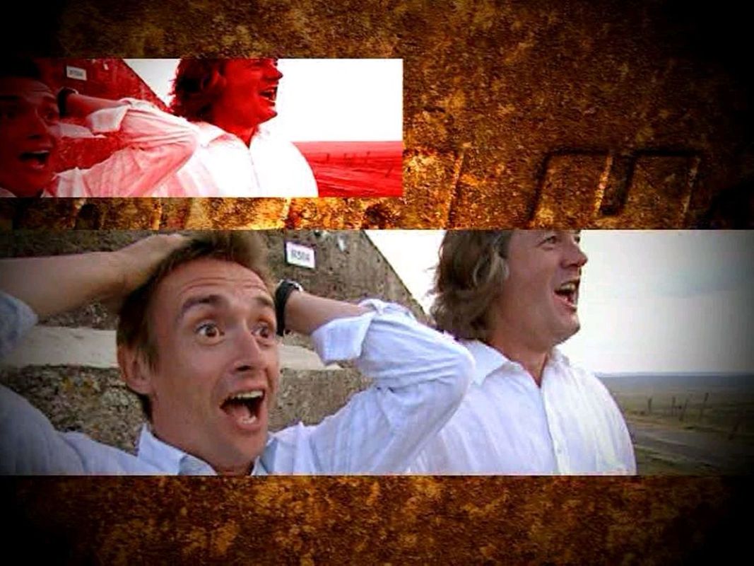 Richard Hammond's Top Gear: Interactive Challenge (DVD Player) screenshot: The DVD starts with the company logos and then Mr Hammond arrives crashing his Volvo into a bus. Once he's said 'Hello' the title sequence with the Top Gear music begins.
