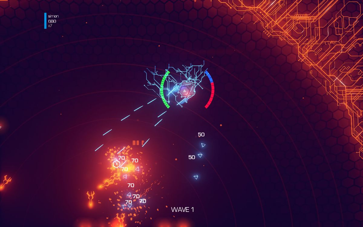 AIPD: Artificial Intelligence Police Department (Windows) screenshot: Shooting a swarm of feeble drones using the Gatling gun.