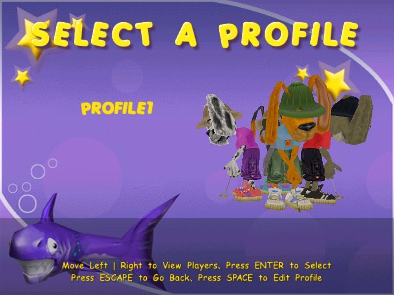 Crazy Golf (Windows) screenshot: Whatever game mode the player(s) must select one of these characters to play as. The names, Profile 1, Profile 2 etc cannot be changed