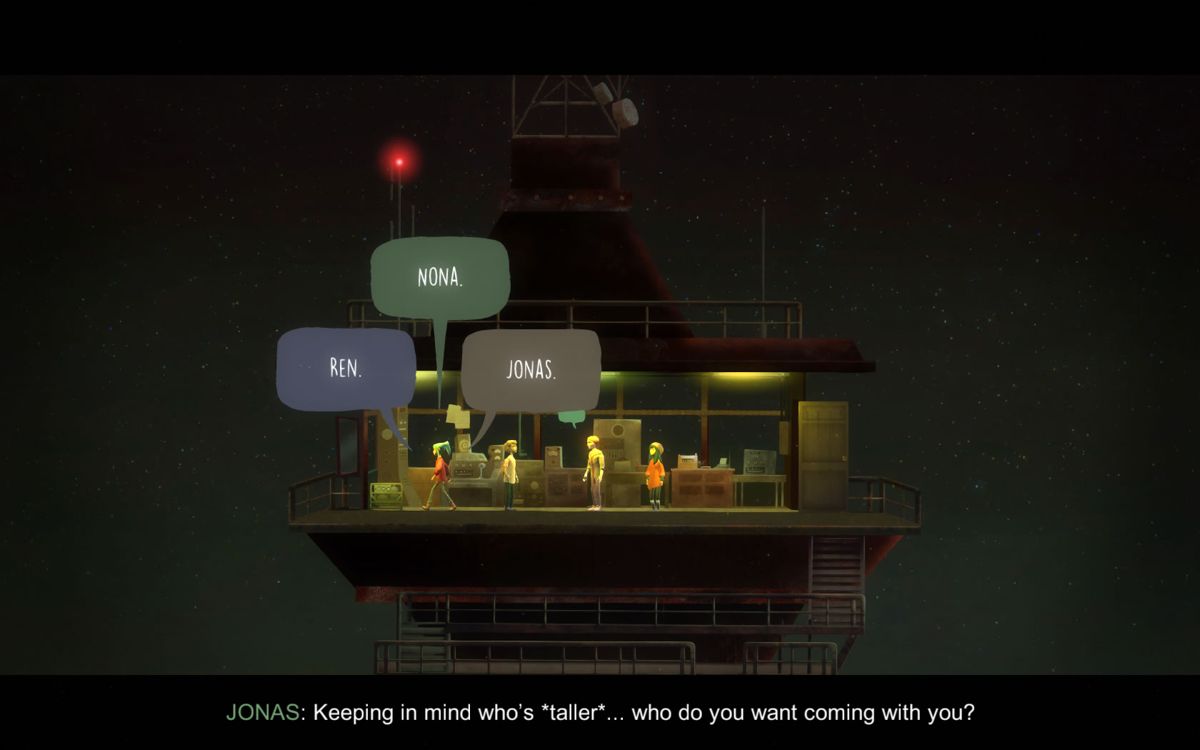 Oxenfree (Windows) screenshot: Sometimes you just have to choose, here for instance whom you want to go on with.