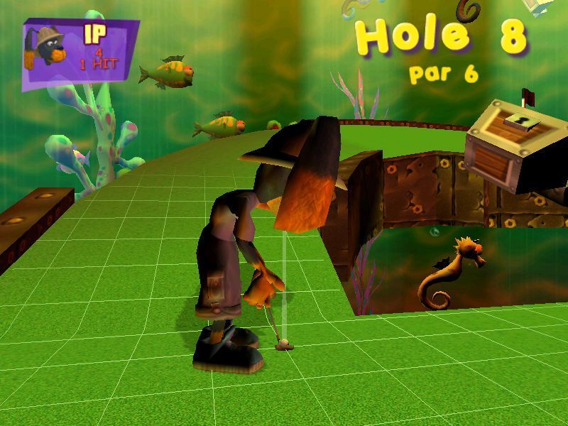 Crazy Golf (Windows) screenshot: Sometimes it's hard to see where the shot is going to go, fortunately pressing SPACEBAR changes the camera angle