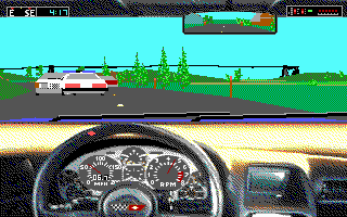 Test Drive III: The Passion (DOS) screenshot: Ha! Police car got stuck in a crash (EGA)