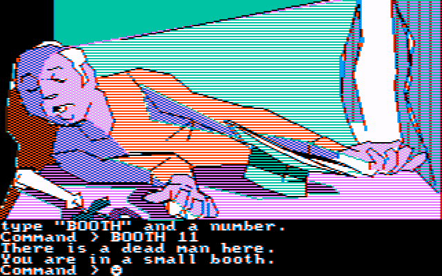Mindshadow (PC Booter) screenshot: He's dead, Jim! (CGA Composite Mode)